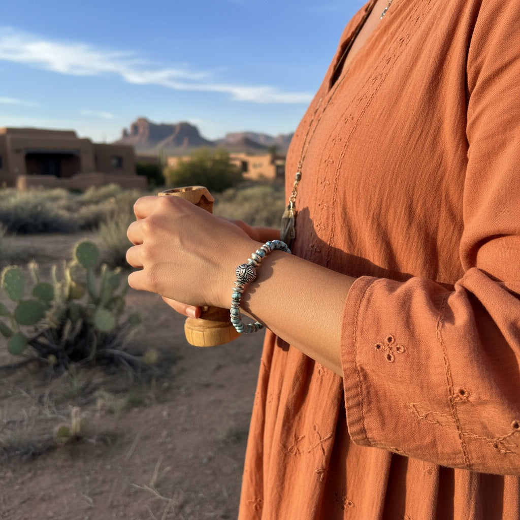 Golden Hills Turquoise and Sterling Bracelet Protective Eye and Longevity Bead