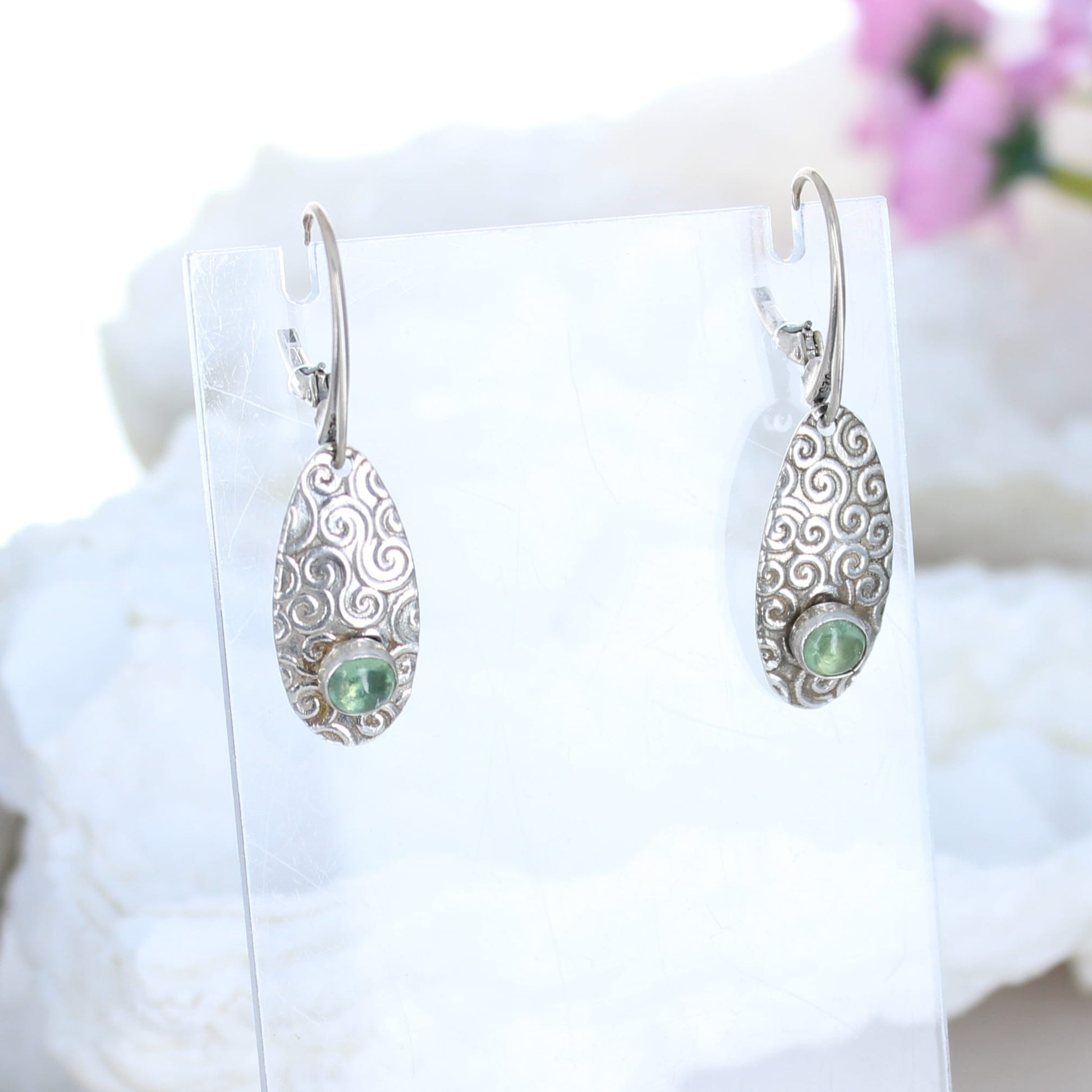 Green Kyanite Gemstone Earrings Sterling Spiral Design -NewWorldGems