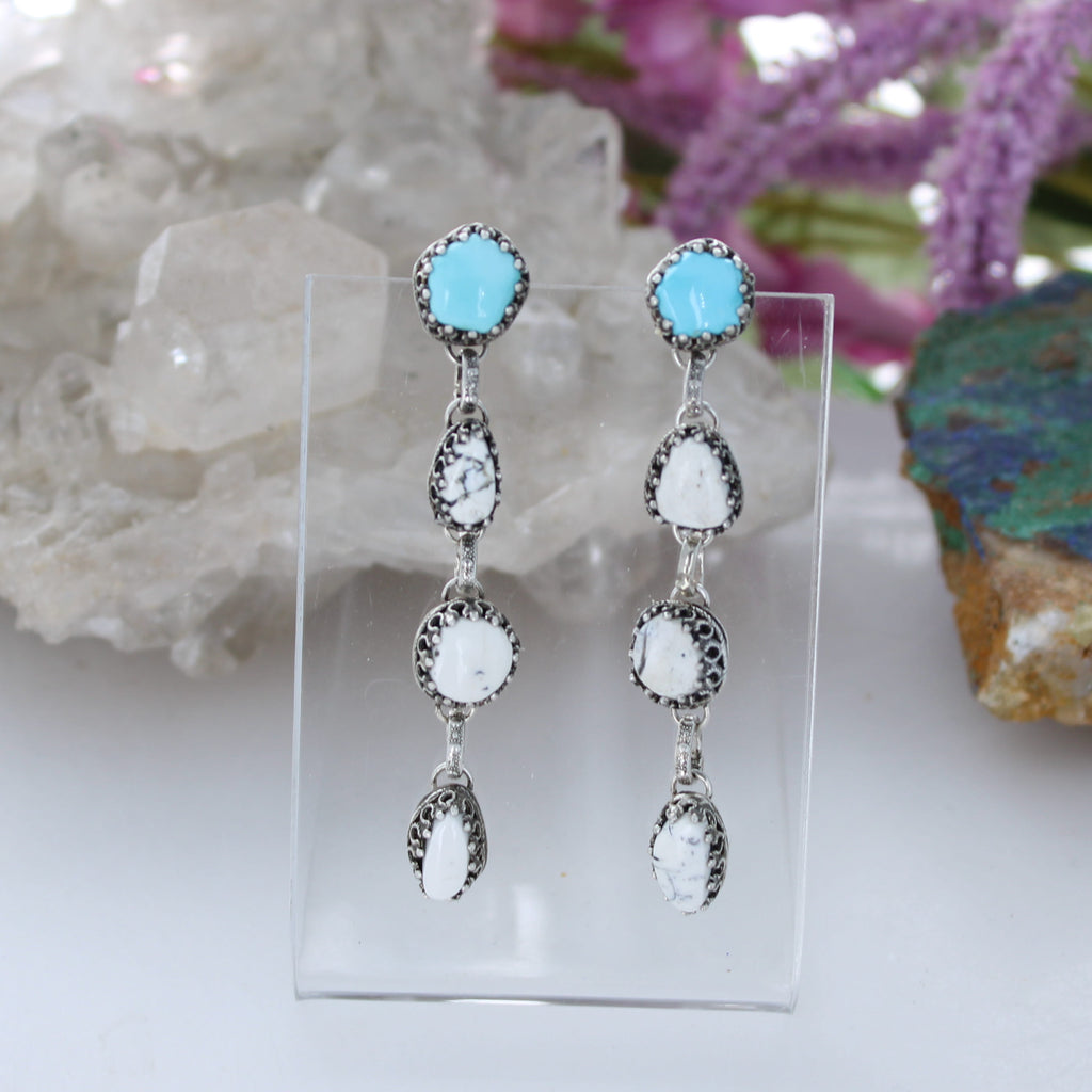 AAA Nevada LONE MOUNTAIN White Buffalo TURQUOISE Earrings 4 Stone Sterling