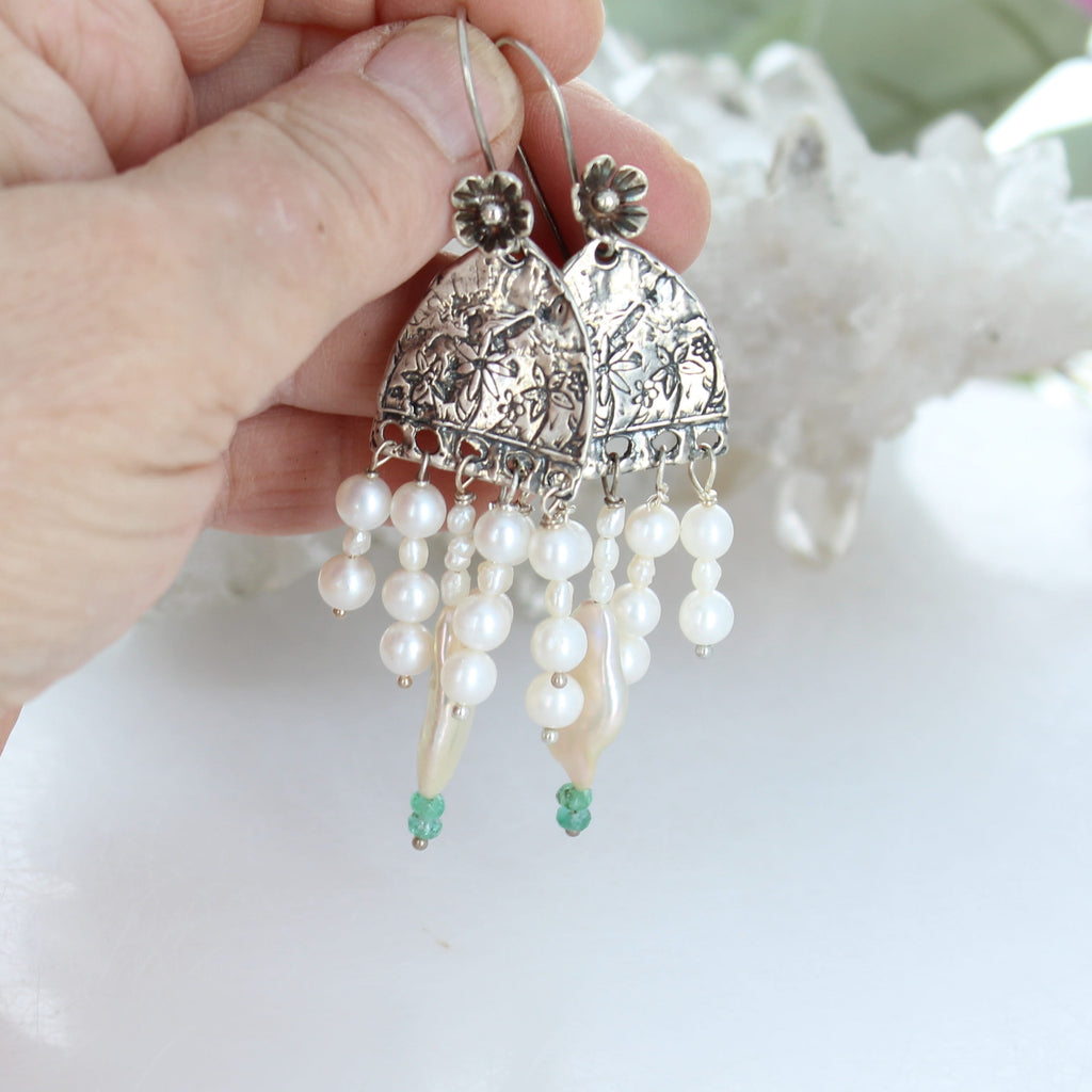 Cream Pearl Wedding Earrings Sterling Cathedral Dangles