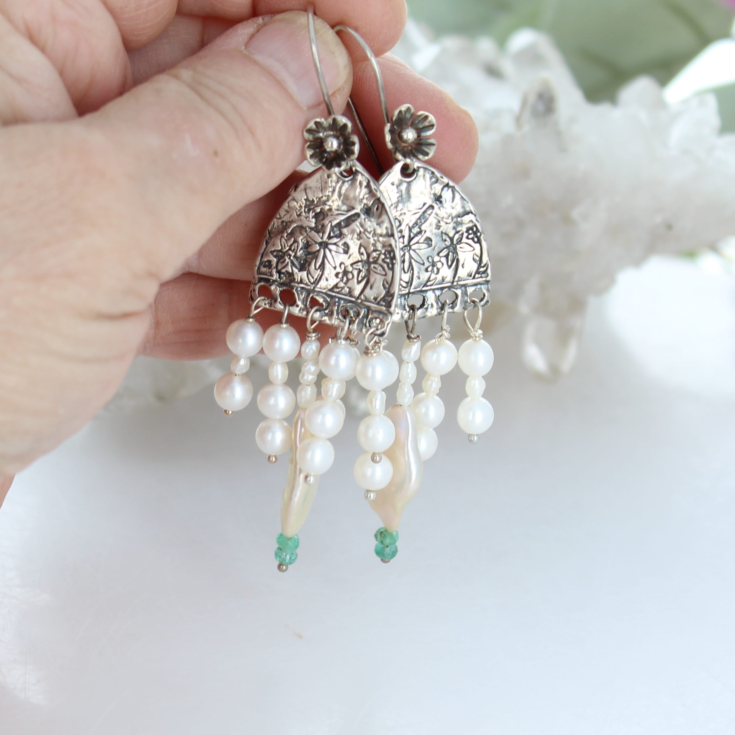 Cream Pearl Wedding Earrings Sterling Cathedral Dangles