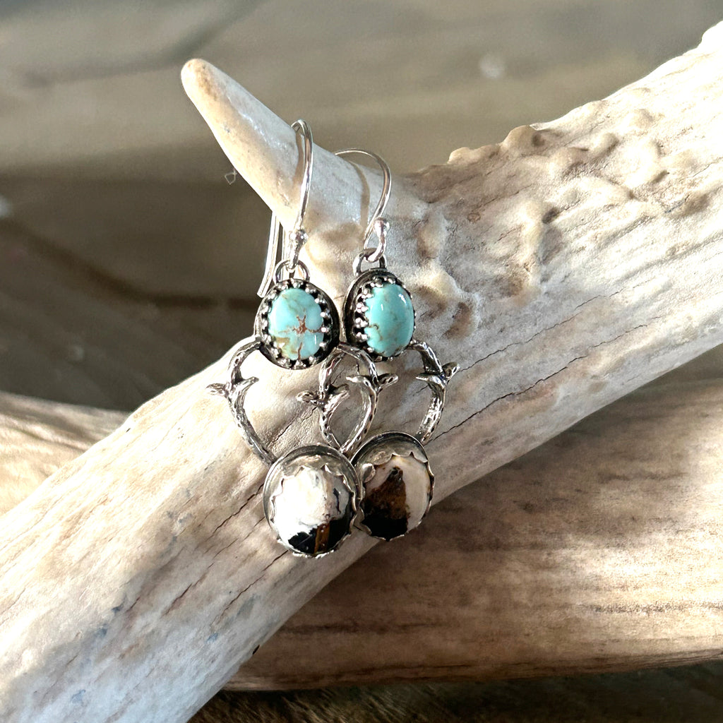 White Buffalo and Dry Creek Turquoise Earrings Sterling Silver Deer with Antlers