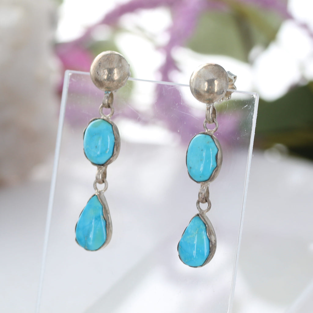 AAA Blue Bird Turquoise Earrings 2 Stone Sky Blue Sterling Southwestern