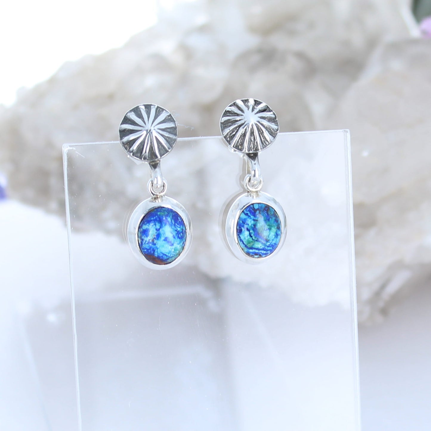 Vivid Azurite Earrings Sterling Silver Sunburst Post Design