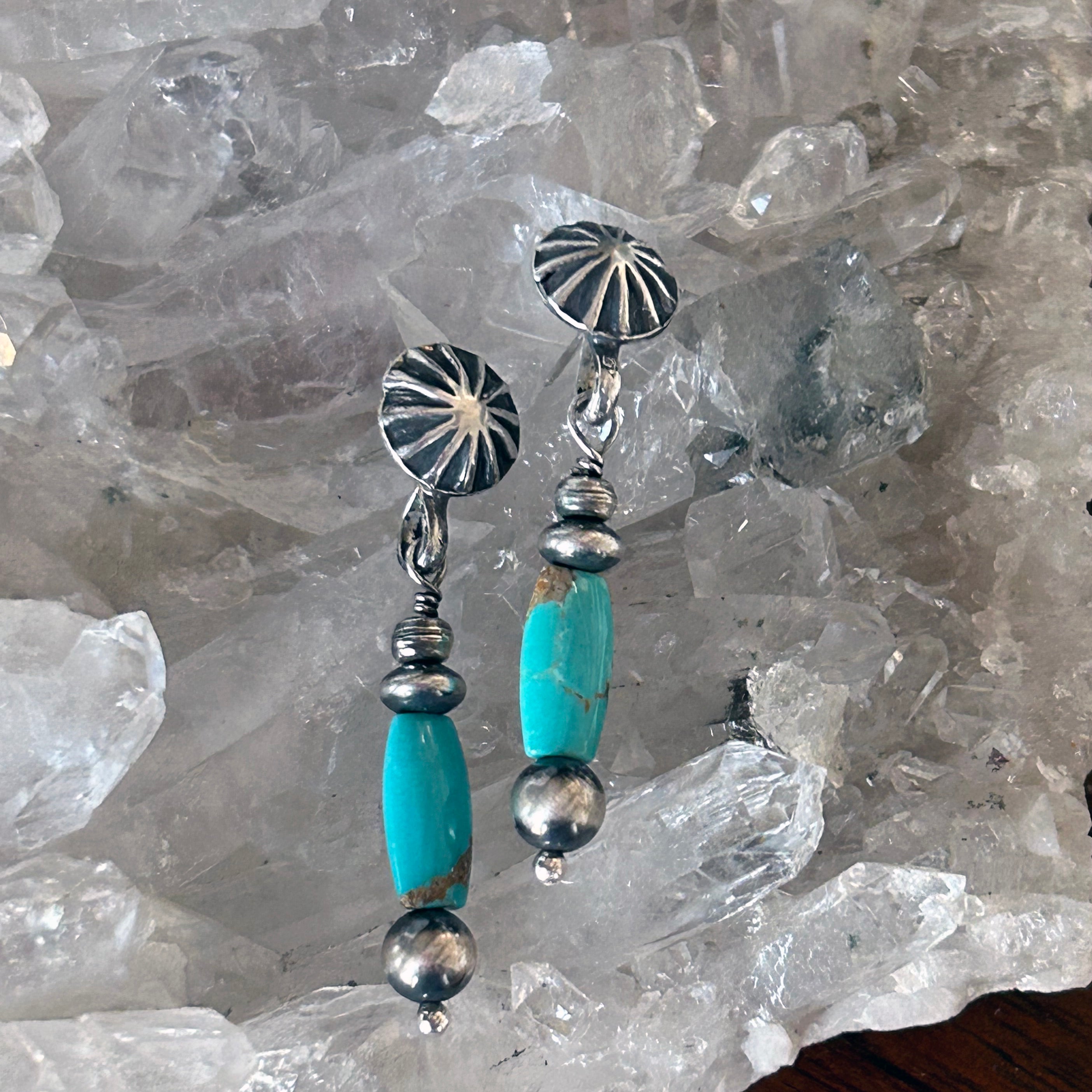 Vintage Carico Lake Turquoise Sterling Earrings Dangles with Sunburst Posts