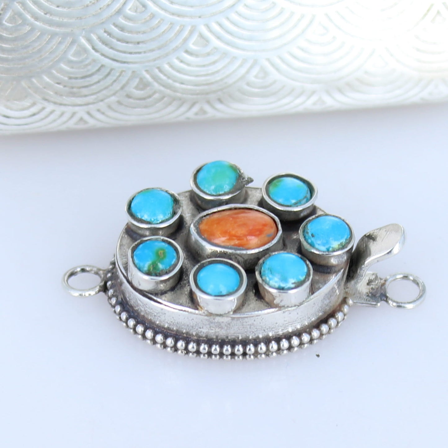Sonoran Blue Turquoise and Orange Spiny Oyster 7 Stone Clasp Sterling Round
