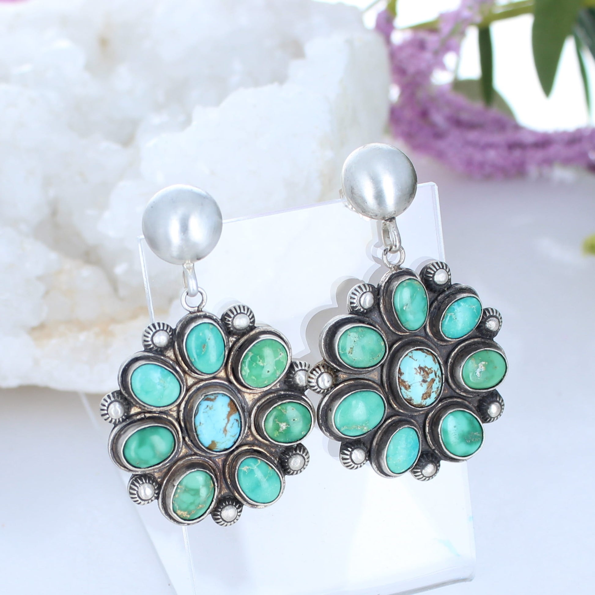 Emerald Valley Turquoise Flower Earrings Sterling Southwest 8 Stones -NewWorldGems