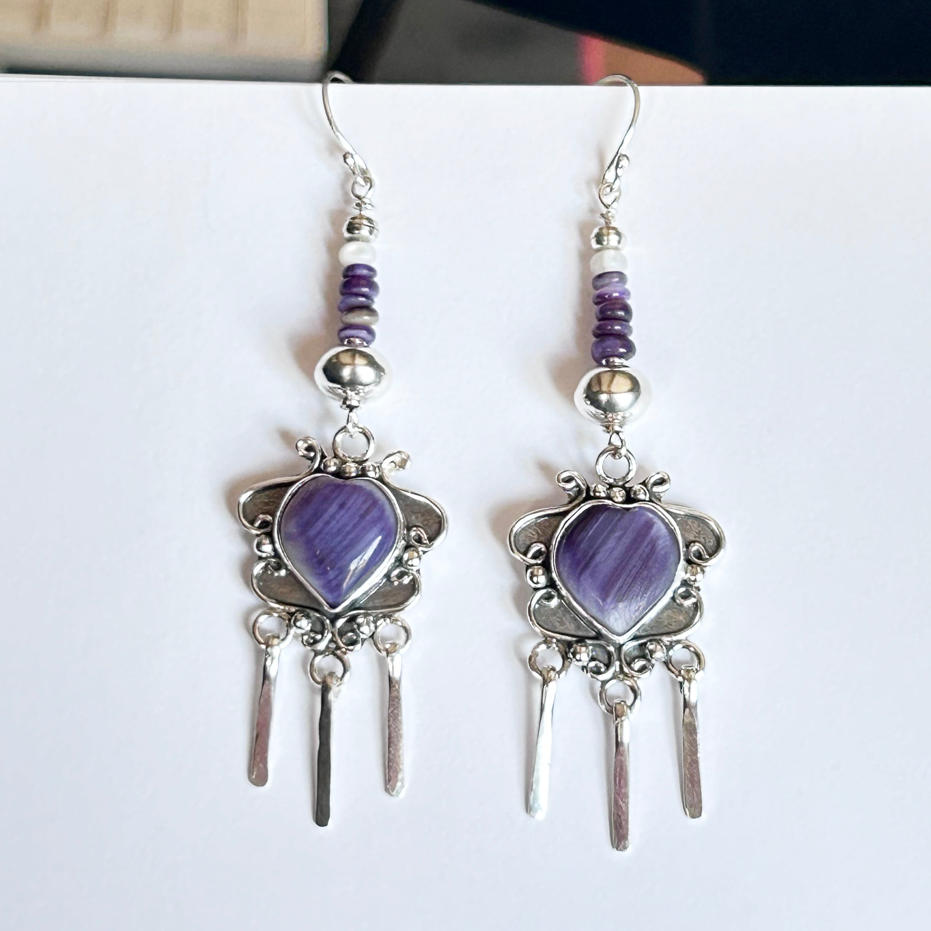 Purple Spiny Oyster Hearts Earrings Sterling Scroll Design Dangles 3.25"