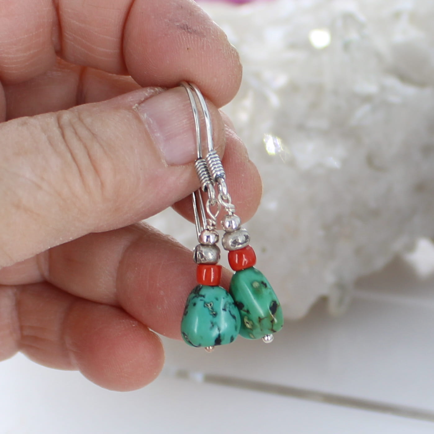 ANTIQUE TIBETAN TURQUOISE and Coral Beads Earrings Sterling NewWorldGems