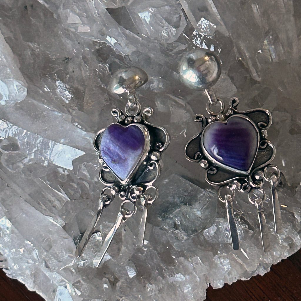 Purple Spiny Oyster Hearts Earrings Sterling Scroll Design Dangles NewWorldGems