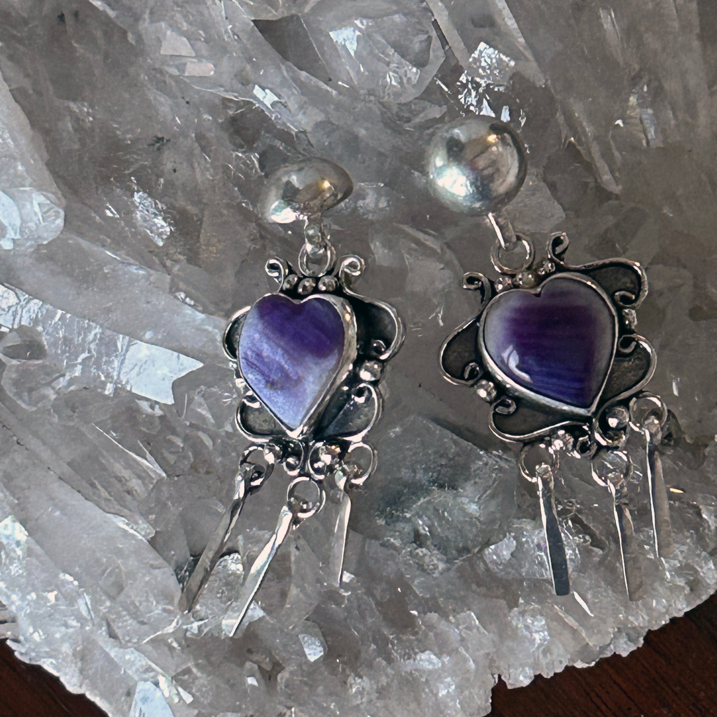 Purple Spiny Oyster Hearts Earrings Sterling Scroll Design Dangles NewWorldGems