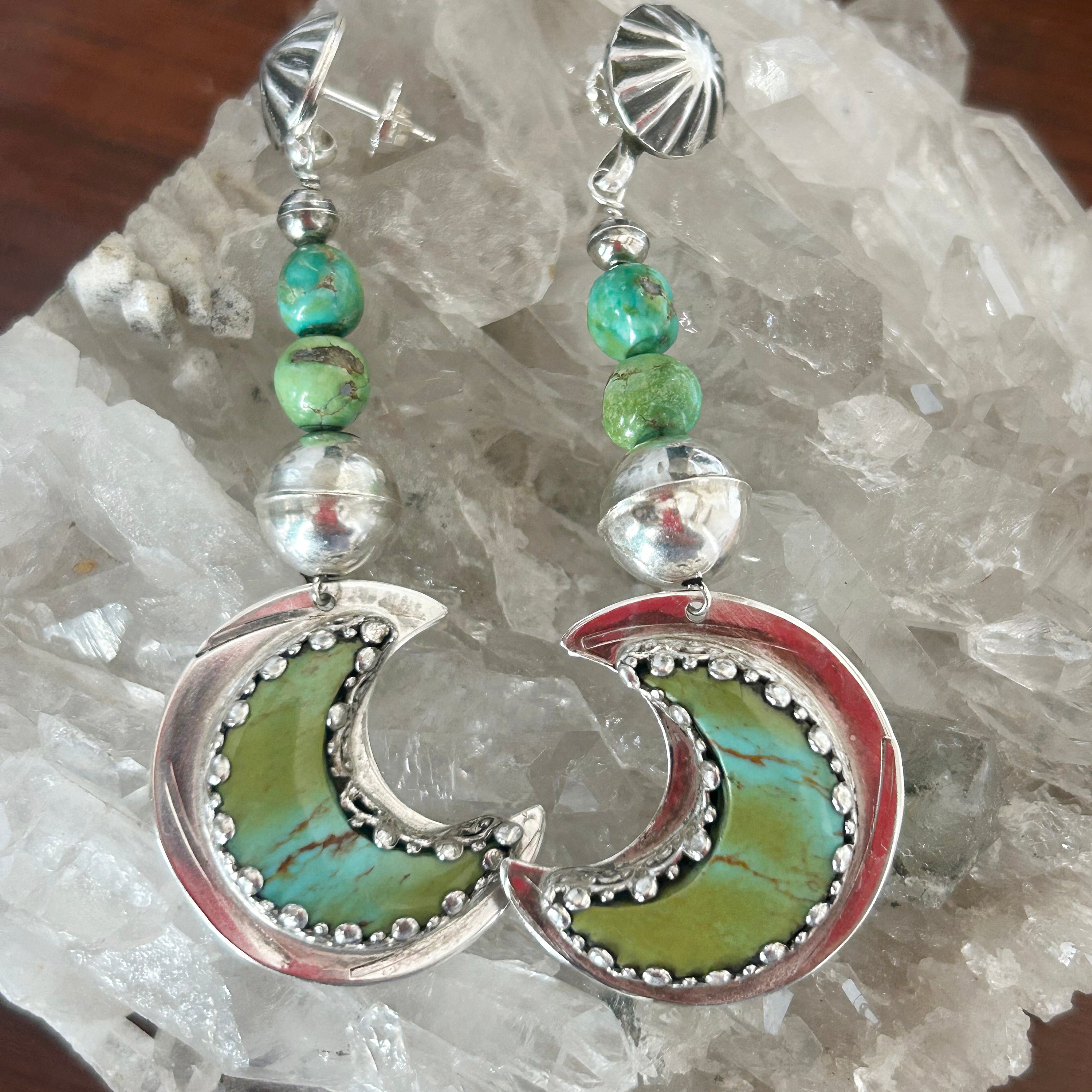 Kingman Turquoise Crescent Moon Earrings Sterling Green Blue
