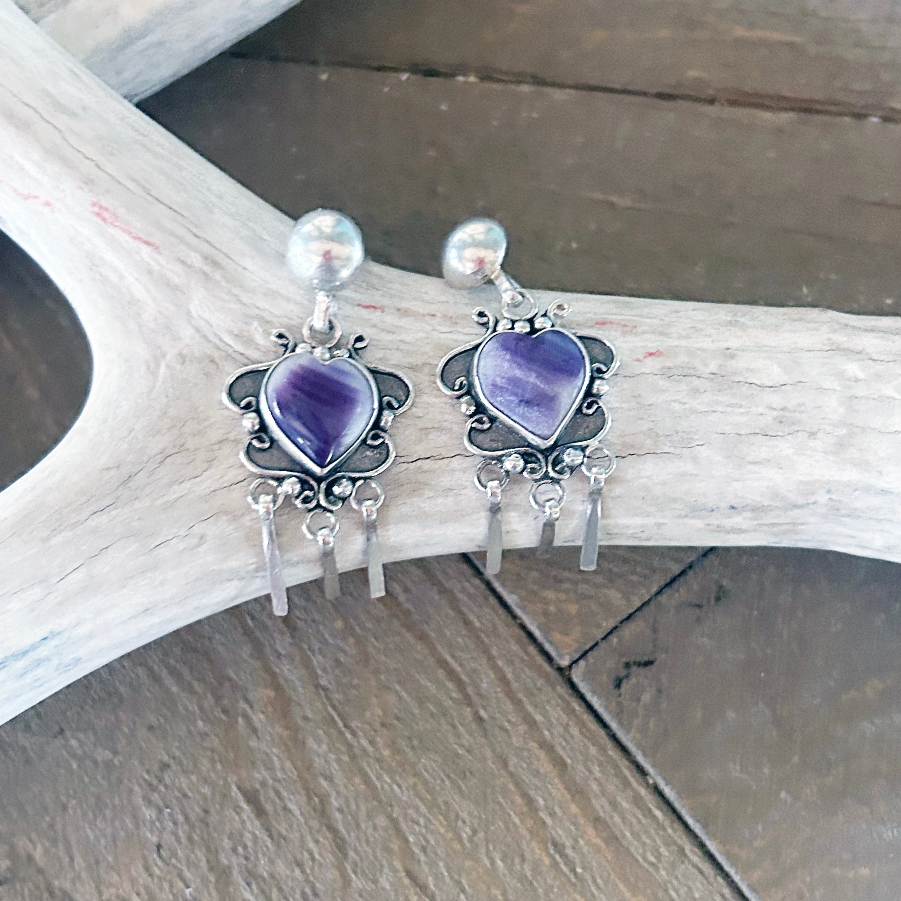 Purple Spiny Oyster Hearts Earrings Sterling Scroll Design Dangles NewWorldGems