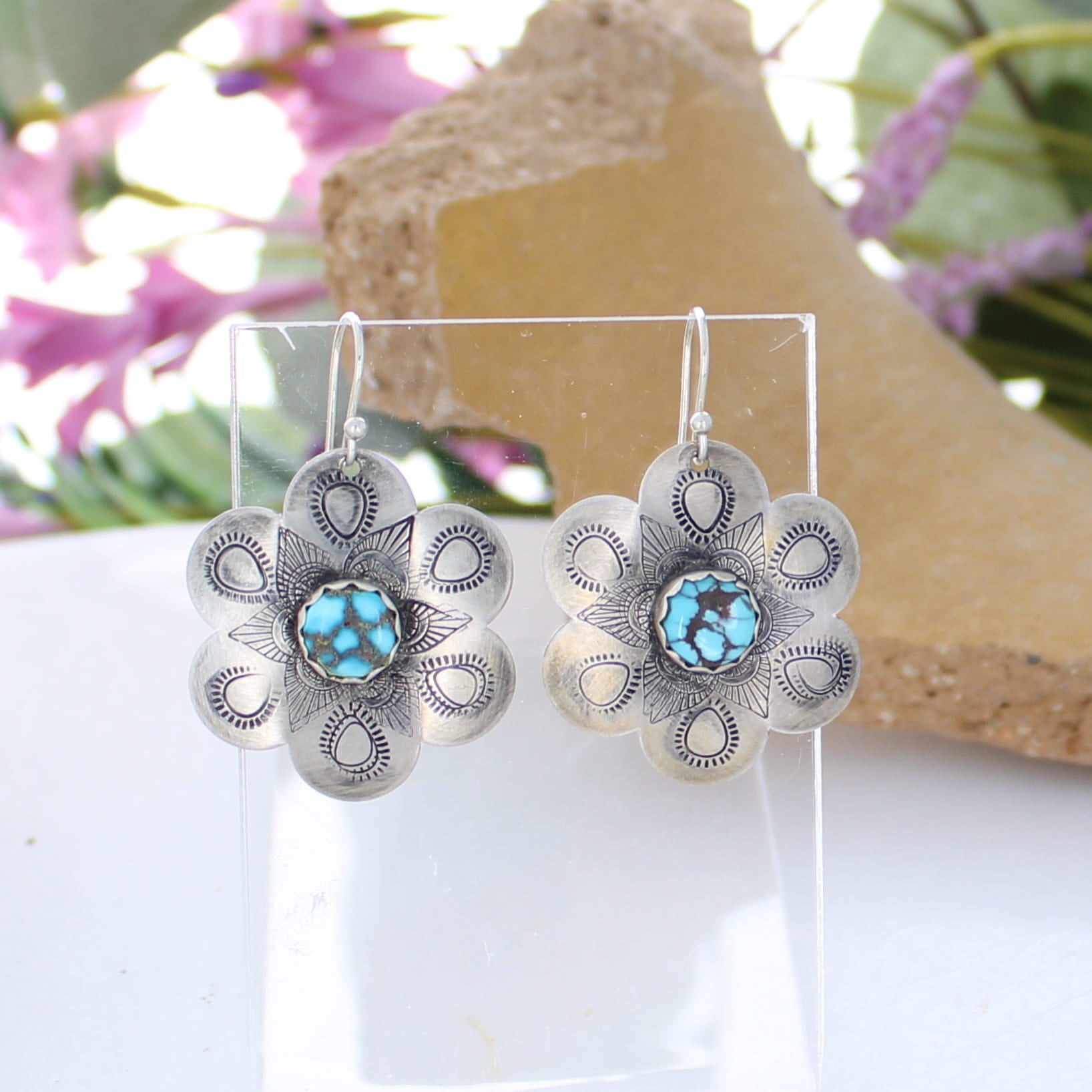 Beautiful Stamped EGYPTIAN TURQUOISE Sterling Flower Earrings