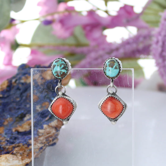 AAA Spiny Oyster and Carico Lake Turquoise Sterling Earrings