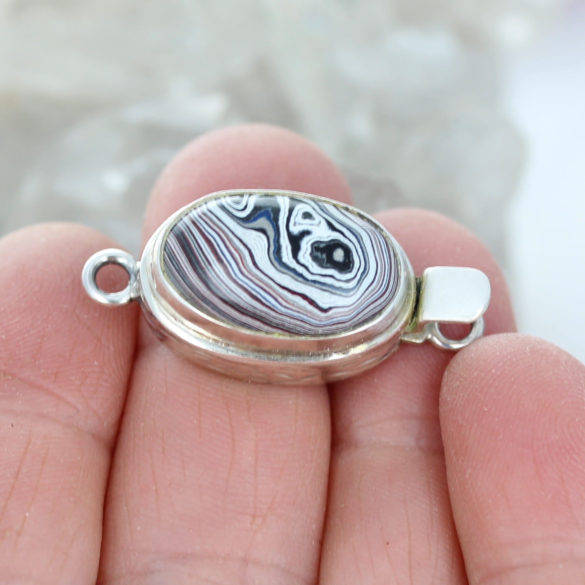 Fordite Clasp Sterling Silver Red White Black Swirls