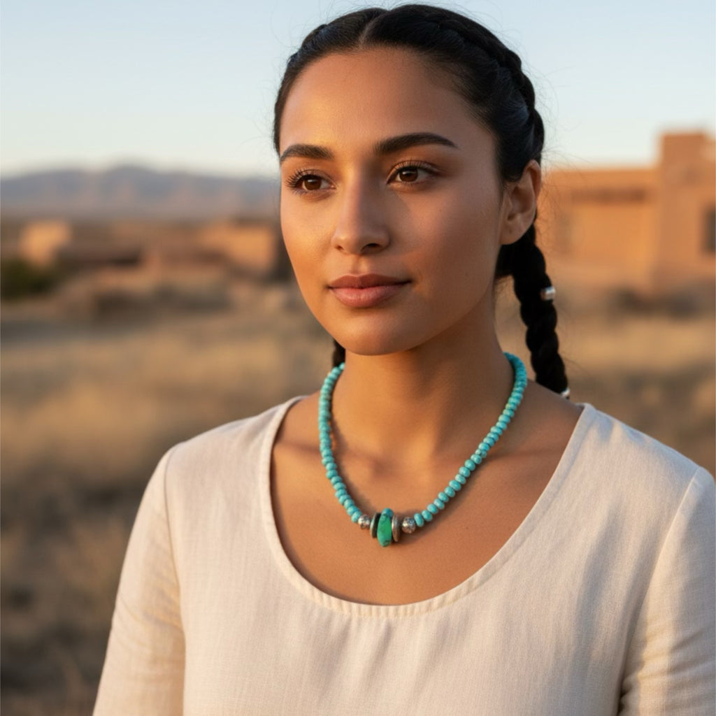Lone Mountain Turquoise Necklace Sterling Bench Made Beads Southwest Style 21"