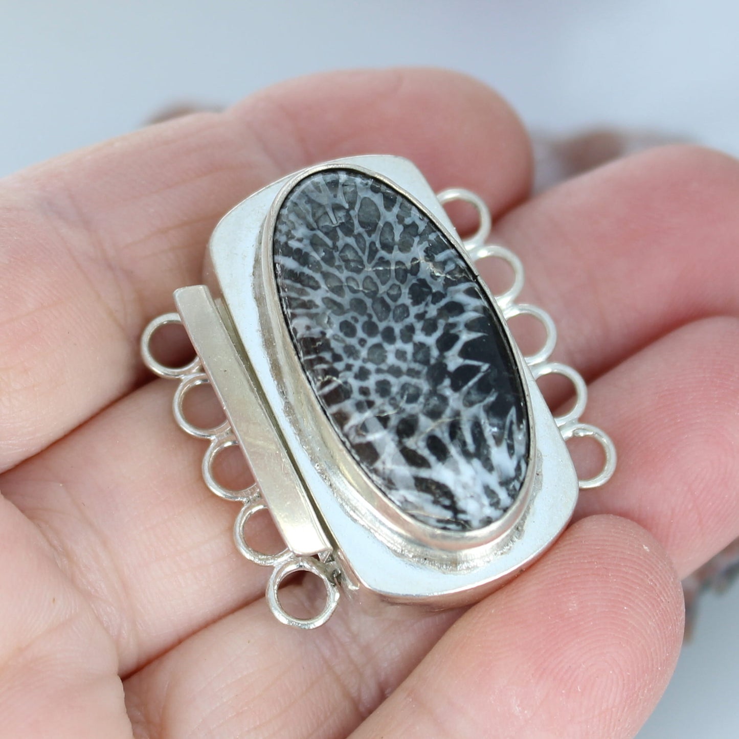 Large Black Fossil Coral Clasp Sterling 5 Strand 29x15mm -NewWorldGems