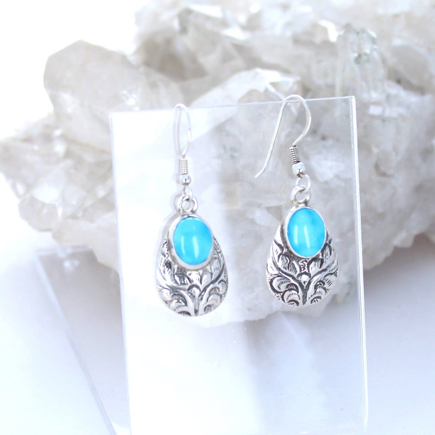 Beautiful Blue Ridge Orvil Jack Turquoise Earrings Etched Sterling