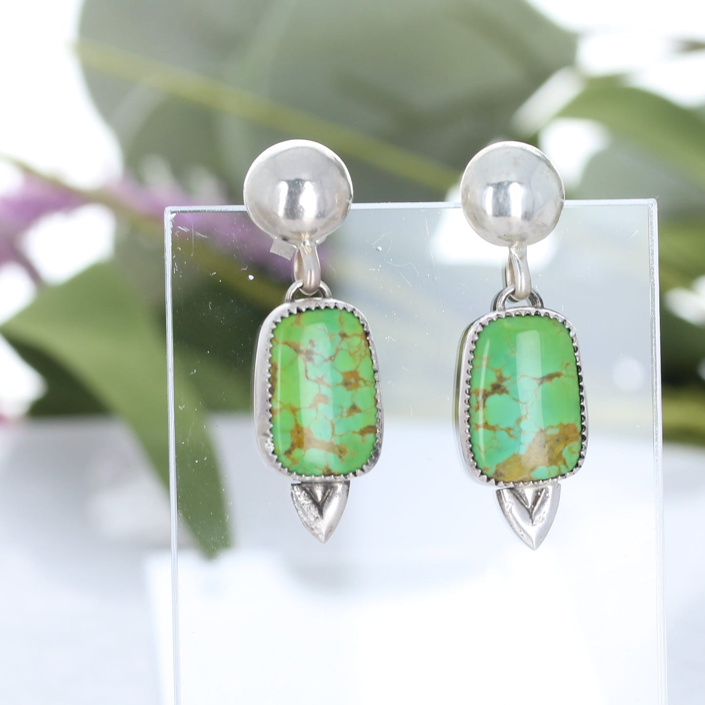 Green Sonoran Gold Turquoise Earrings Sterling Silver Cushion Shape