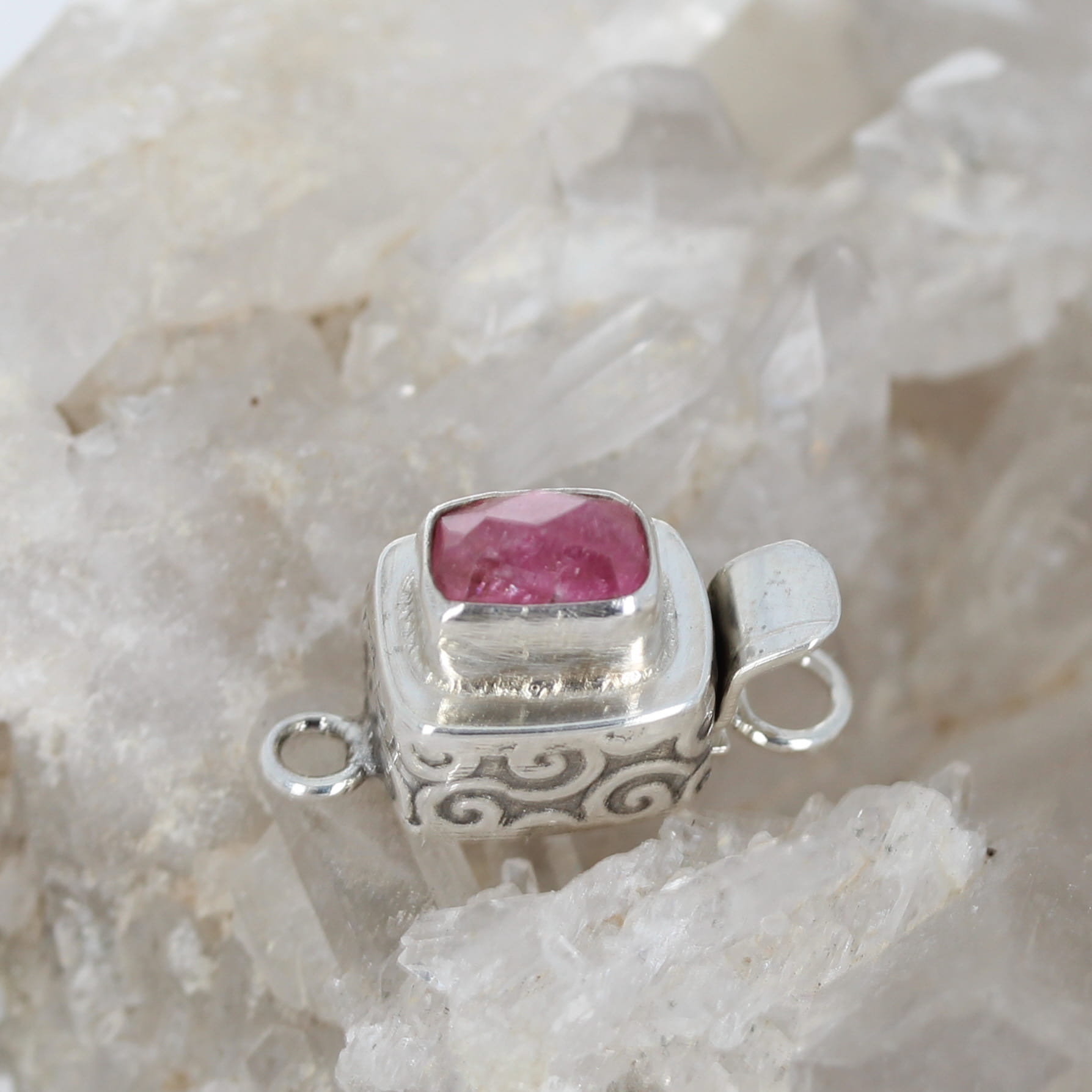 AAA Hot Pink Tourmaline Faceted Sterling Clasp Patterned Cushion