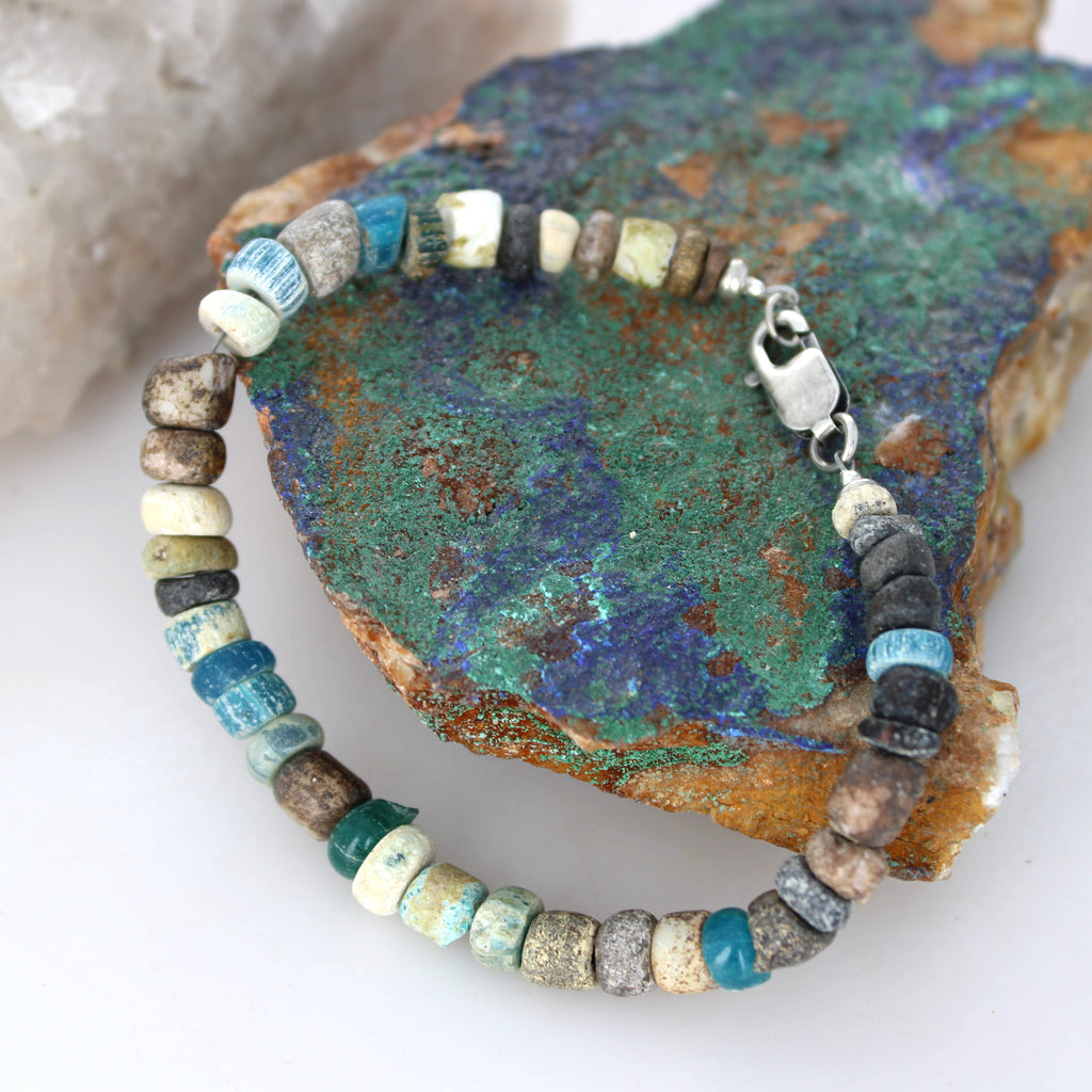 Antique Blue Brown Roman Glass and Turquoise Bracelet Men or Woman