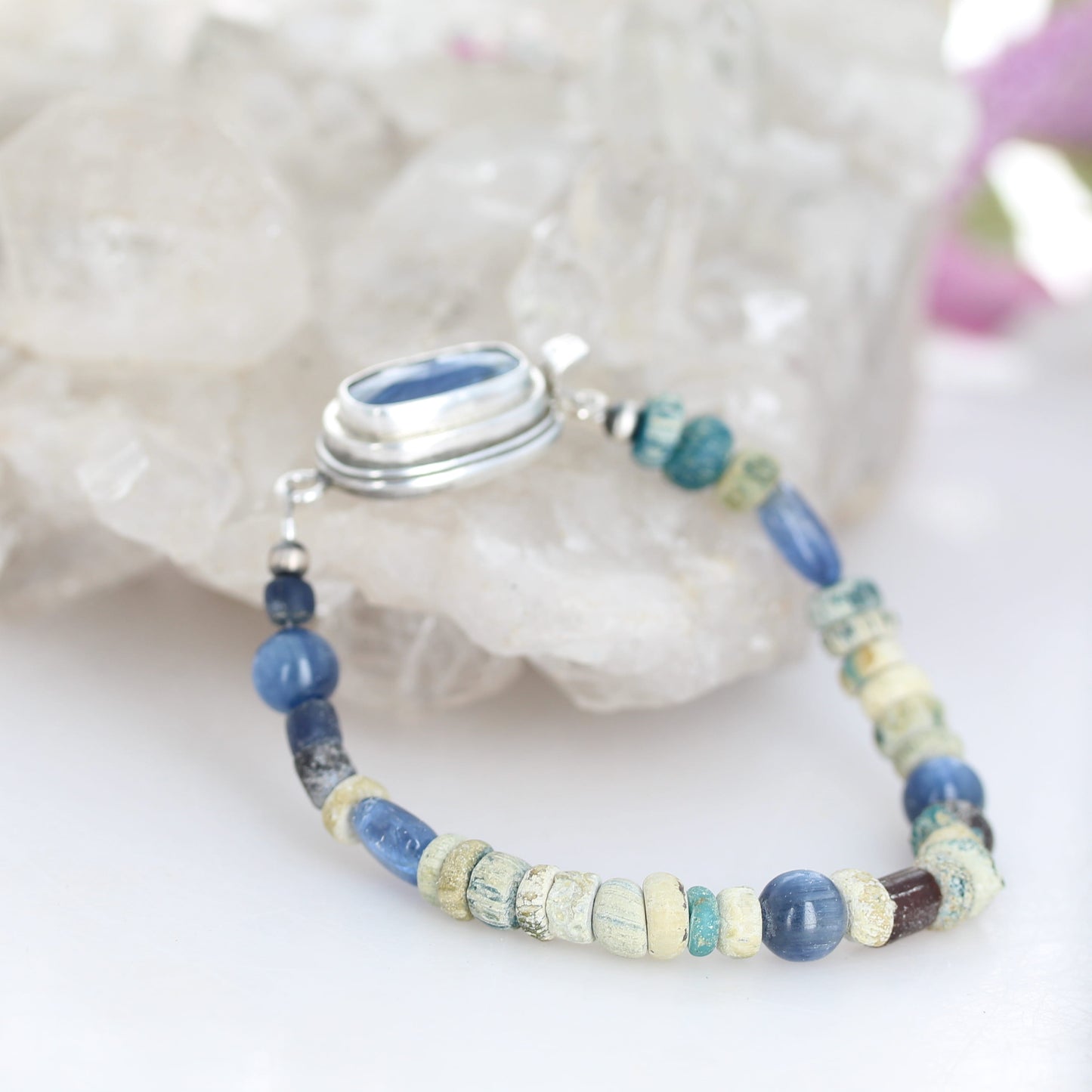ANCIENT MALI Dig Beads and Mystical Kyanite Bracelet Sterling Silver