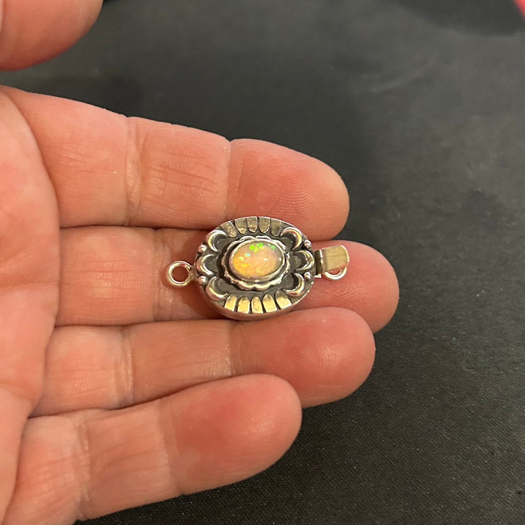Sparkling Ethiopian Opal Oval Moon and Lotus Design Sterling Clasp