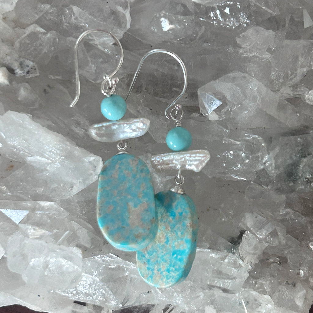 AAA Elisa Turquoise and White Biwa Pearl Earrings Sterling Silver