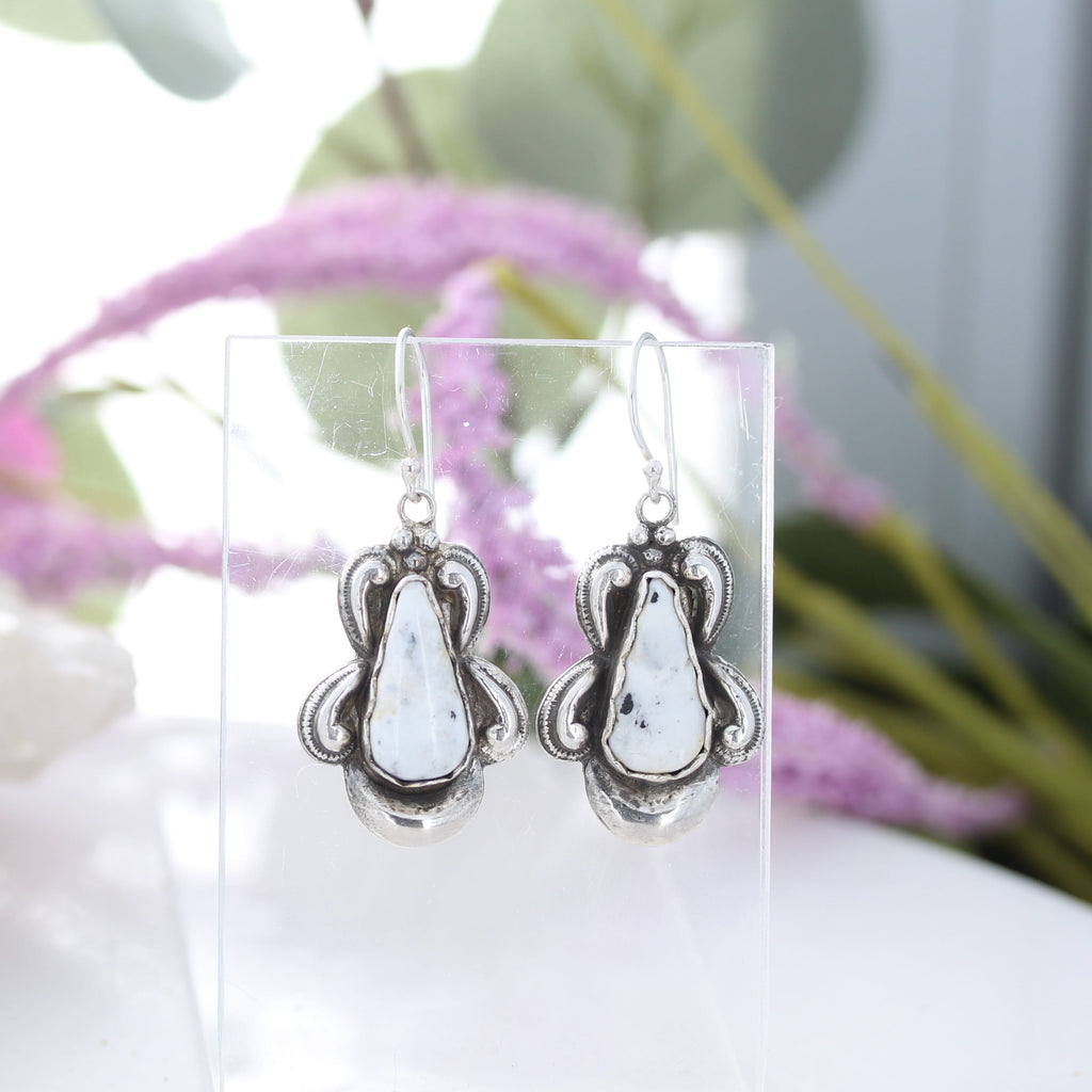 Many Moons White Buffalo Turquoise Earrings Sterling Silver Southwestern Elegance NewWorldGems