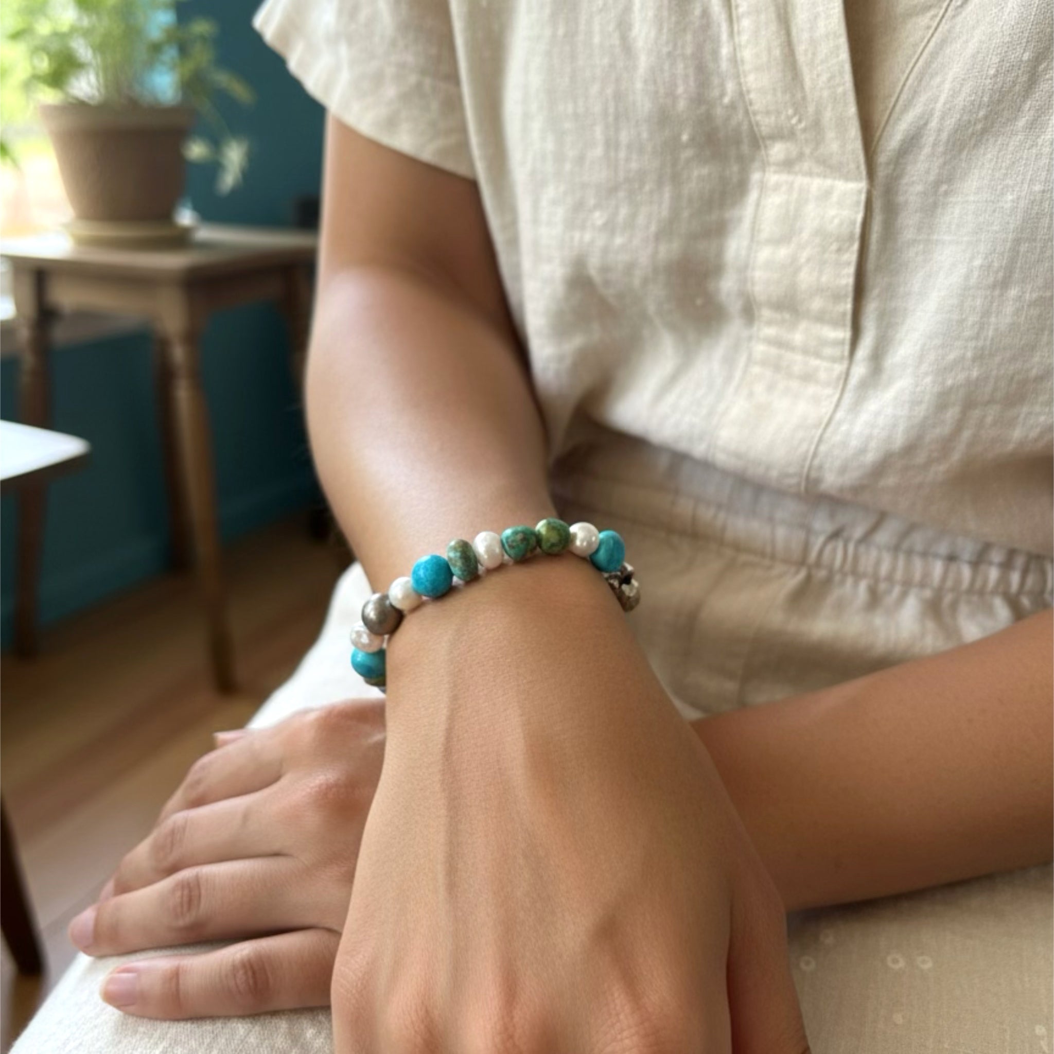 Blue Green Mixed Turquoise and Pearl Bracelet Sterling Silver