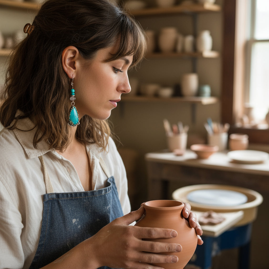 Royston Turquoise Earrings Moons with Sparkling Herkimer Diamonds Sterling