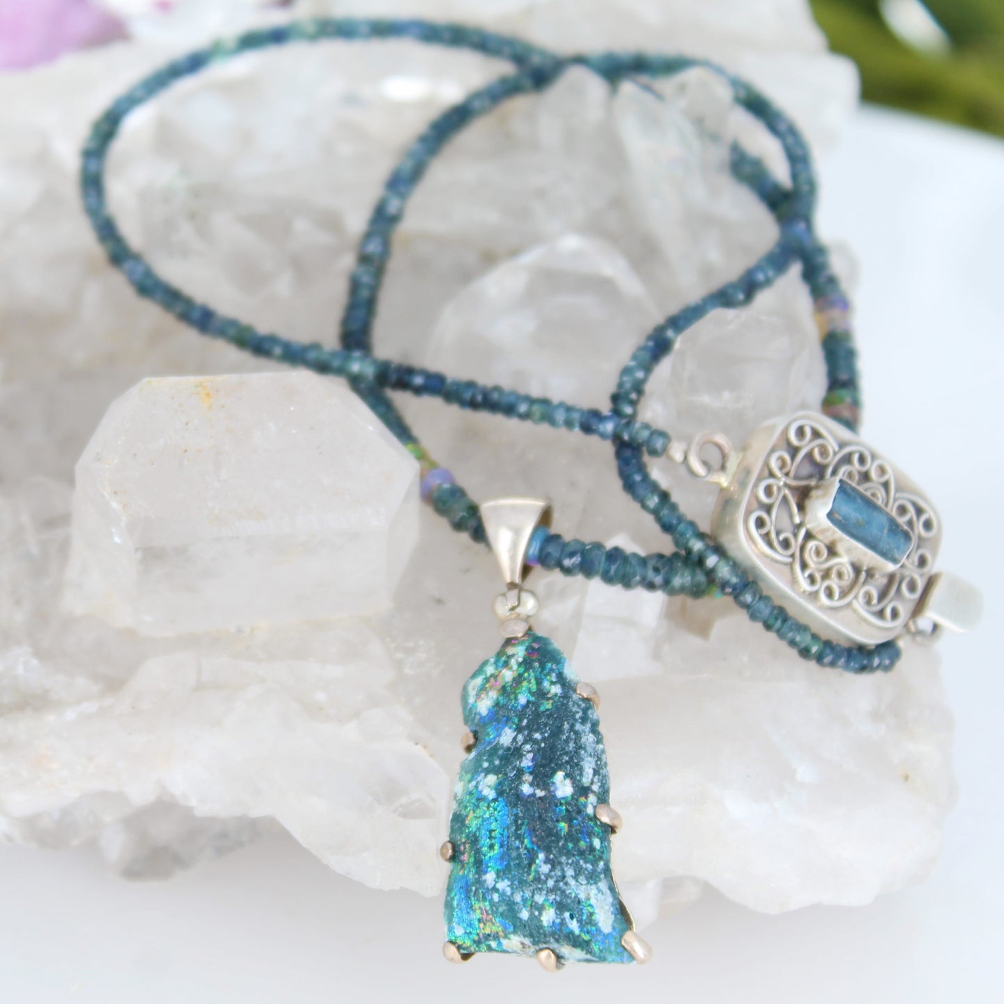 Ancient Roman Glass, Midnight Sapphire And Ethiopian Opal Necklace