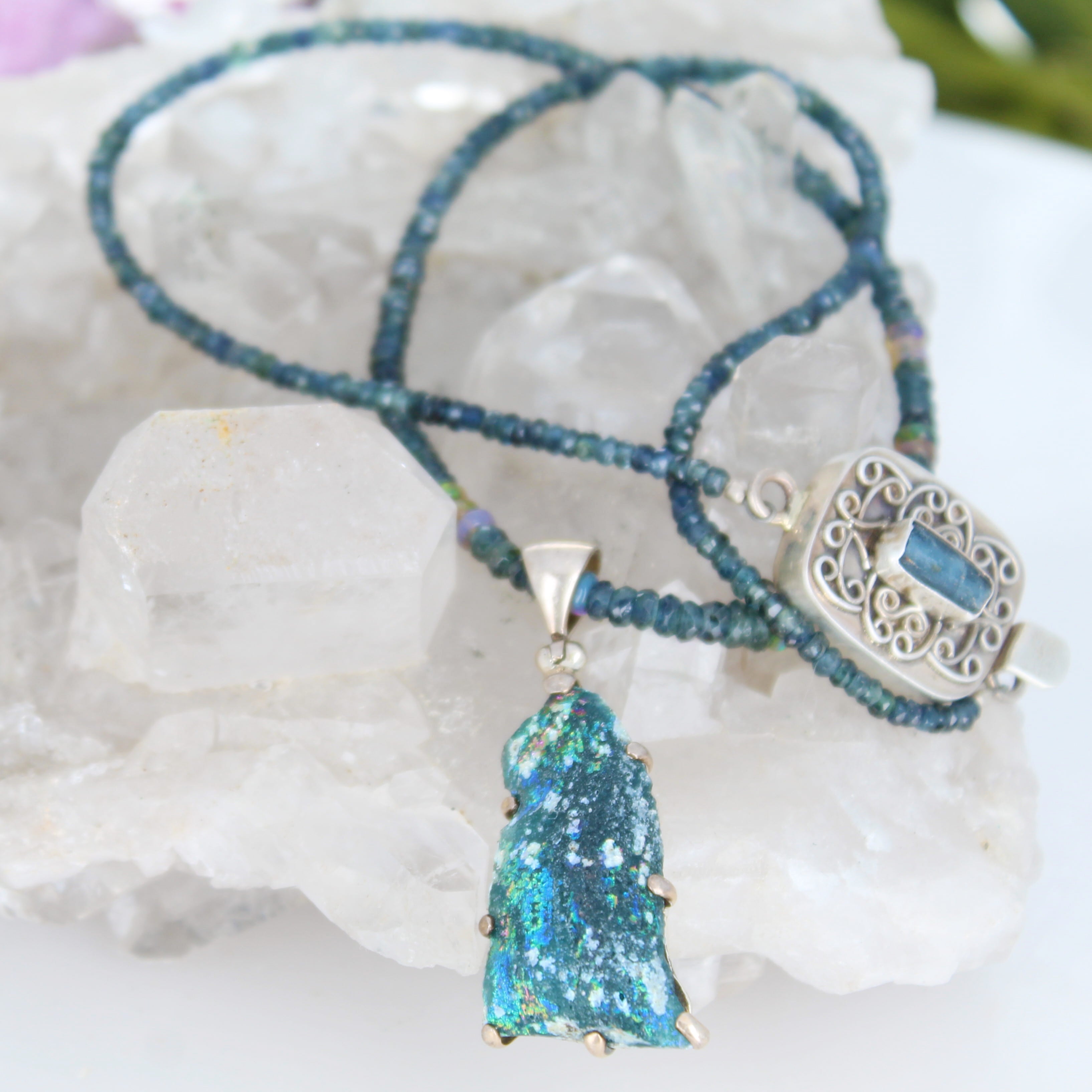 Ancient Roman Glass, Midnight Sapphire And Ethiopian Opal Necklace