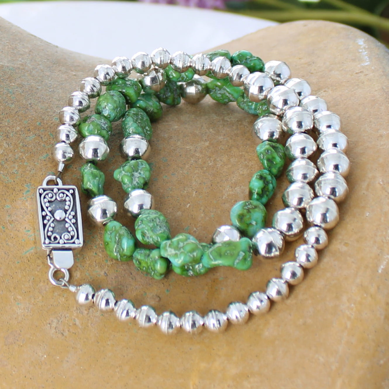 AAA Sonoran Gold Turquoise Lime Green Blue Necklace 18.5" Sterling Navajo Pearls