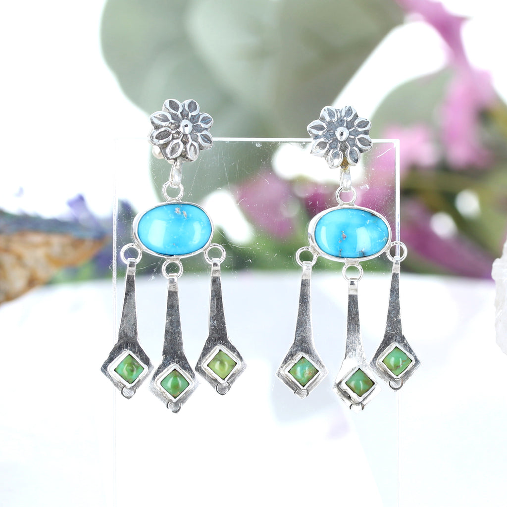 Blue Bird and Sonoran Gold Turquoise Boho Dangle Earrings Sterling