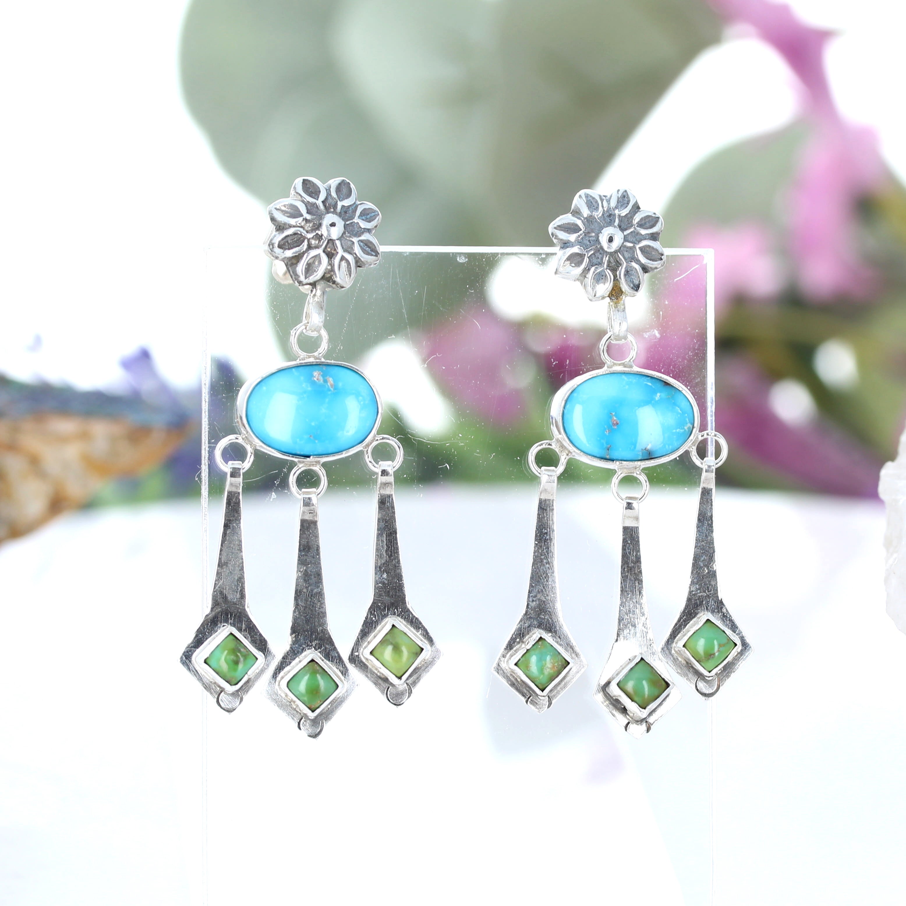 Blue Bird and Sonoran Gold Turquoise Boho Dangle Earrings Sterling