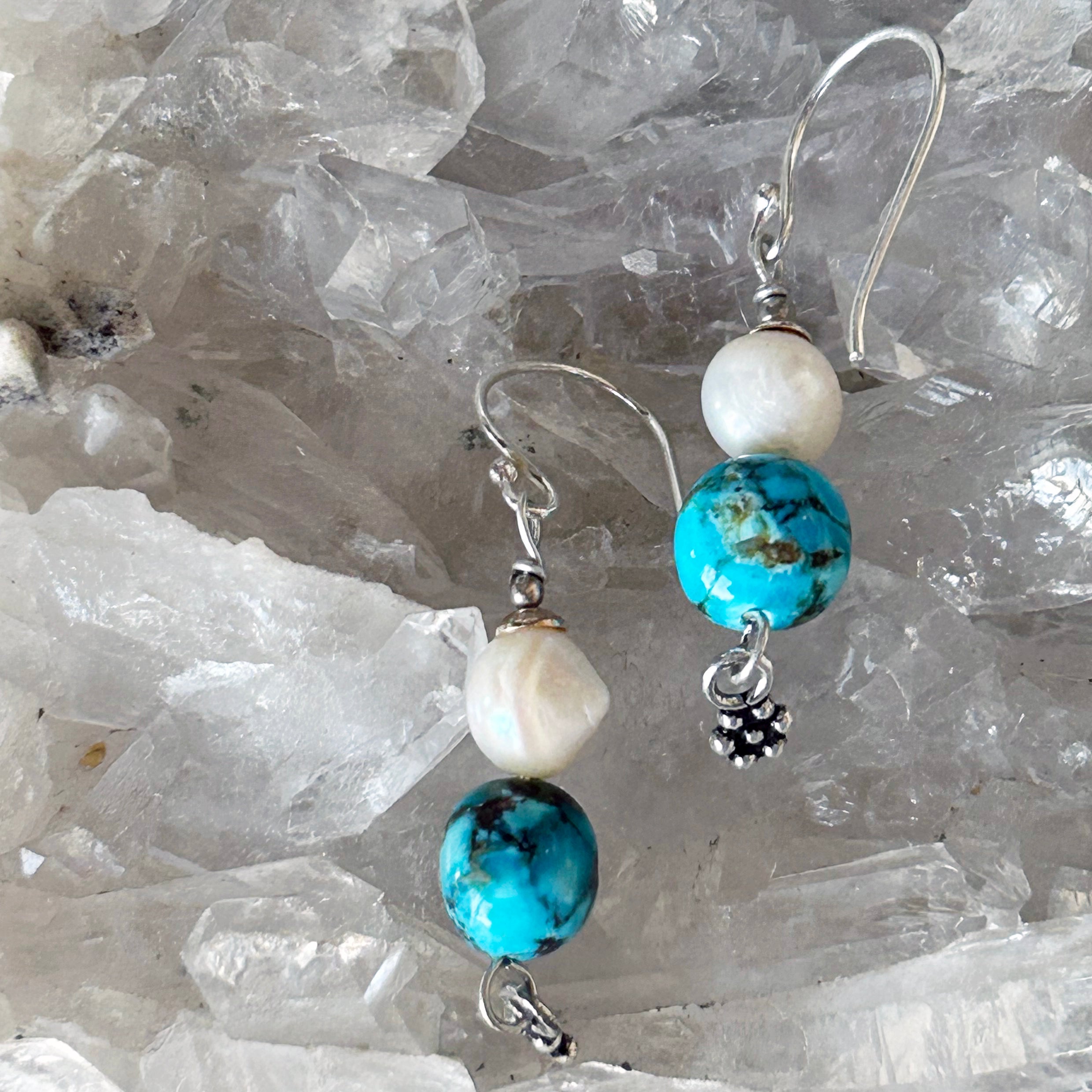 AAA Kingman Turquoise and White Pearl Earrings Ovals Sterling Silver