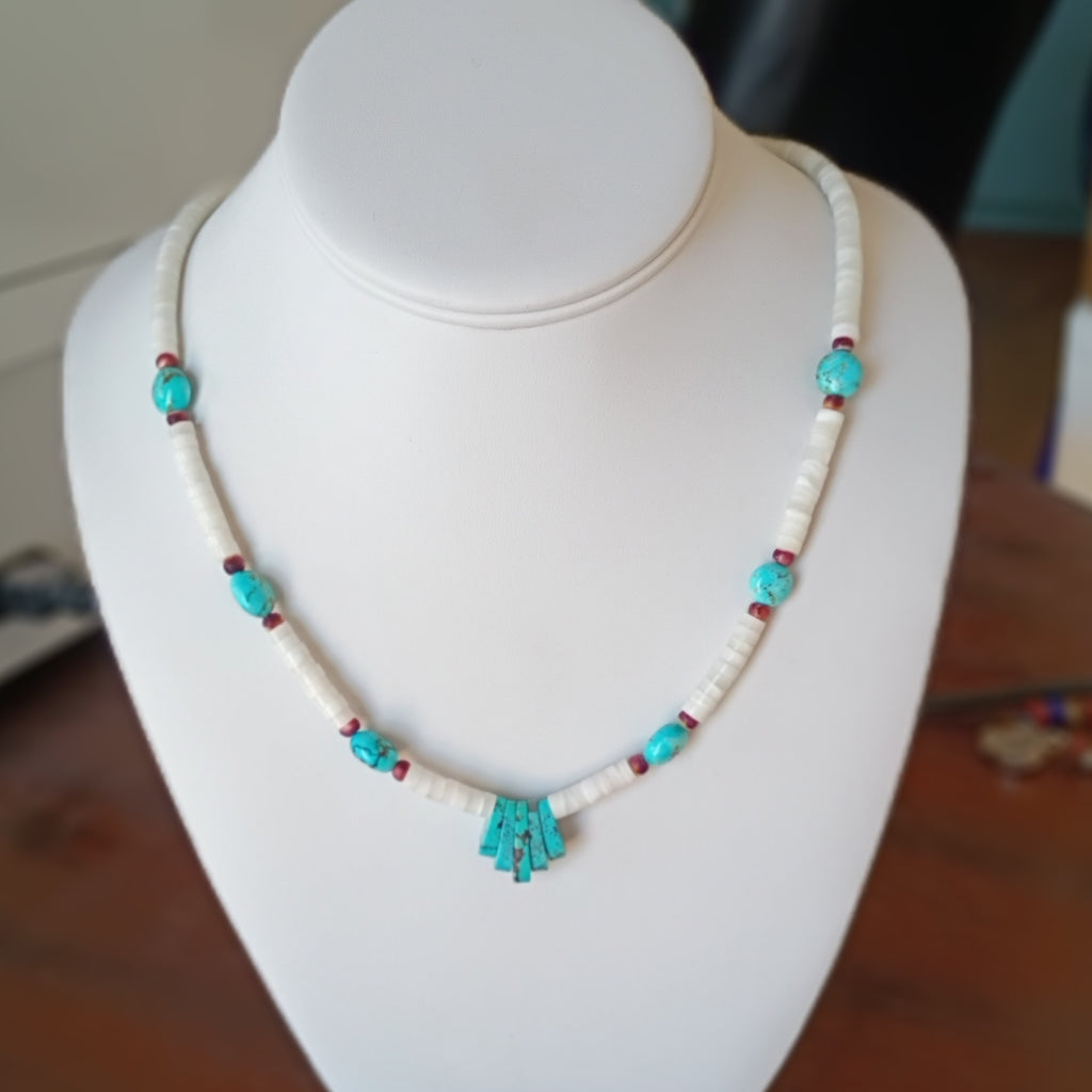 White Spiny Oyster and Blue Turquoise Necklace Sterling Silver 19.5"
