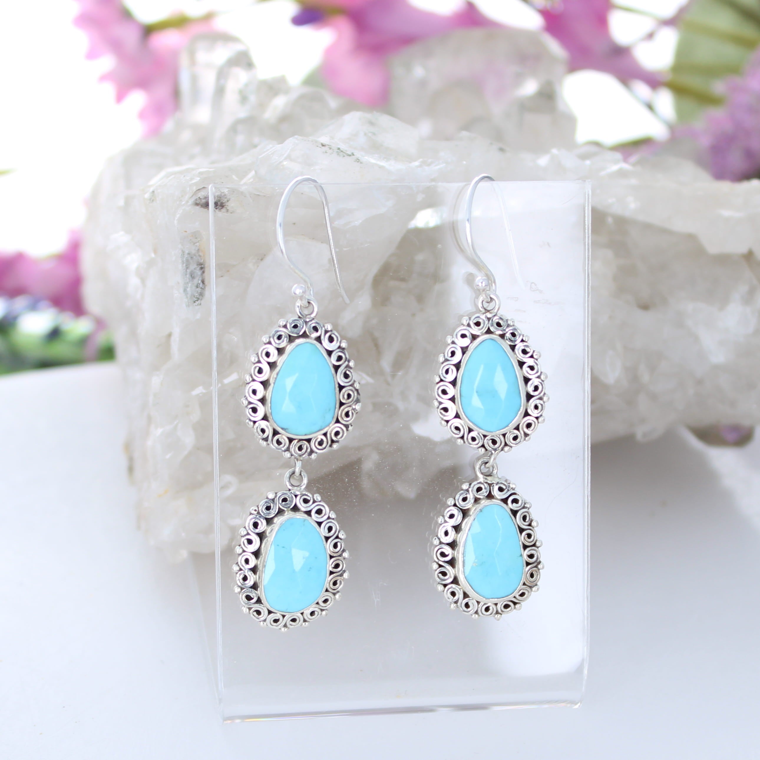 Elegant Faceted KINGMAN Turquoise Earrings 2 Stone Blues 2"