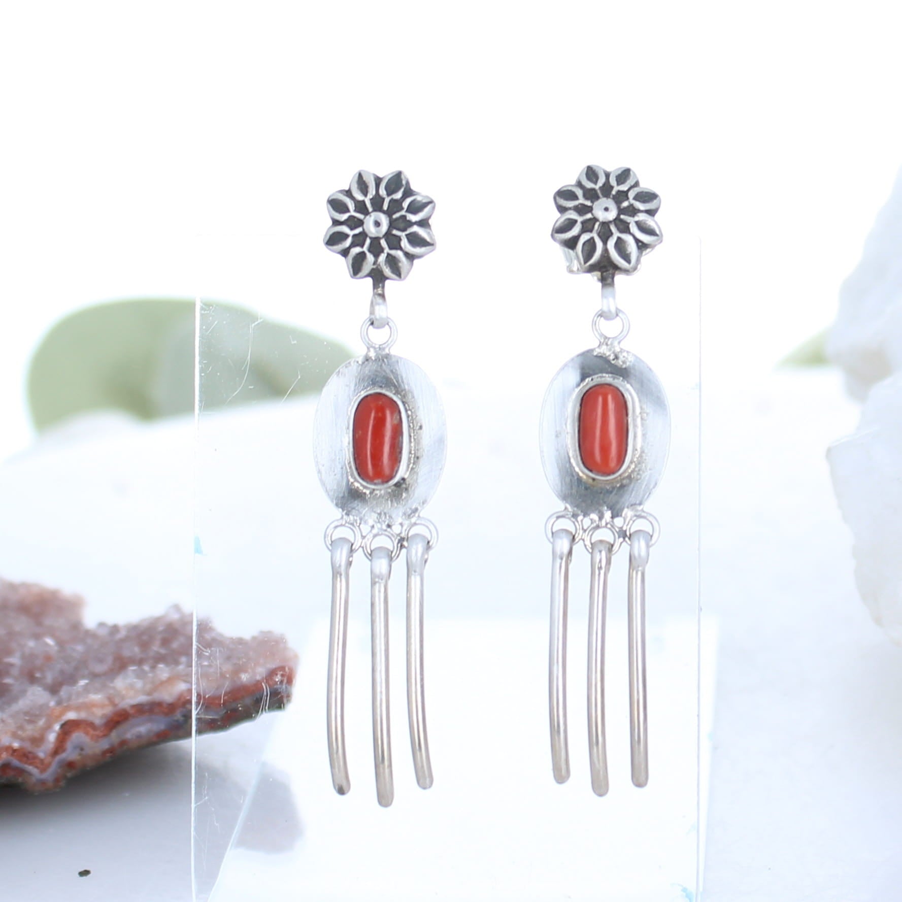 RED ITALIAN Coral Earrings Sterling Silver Dangles Modern -NewWorldGems