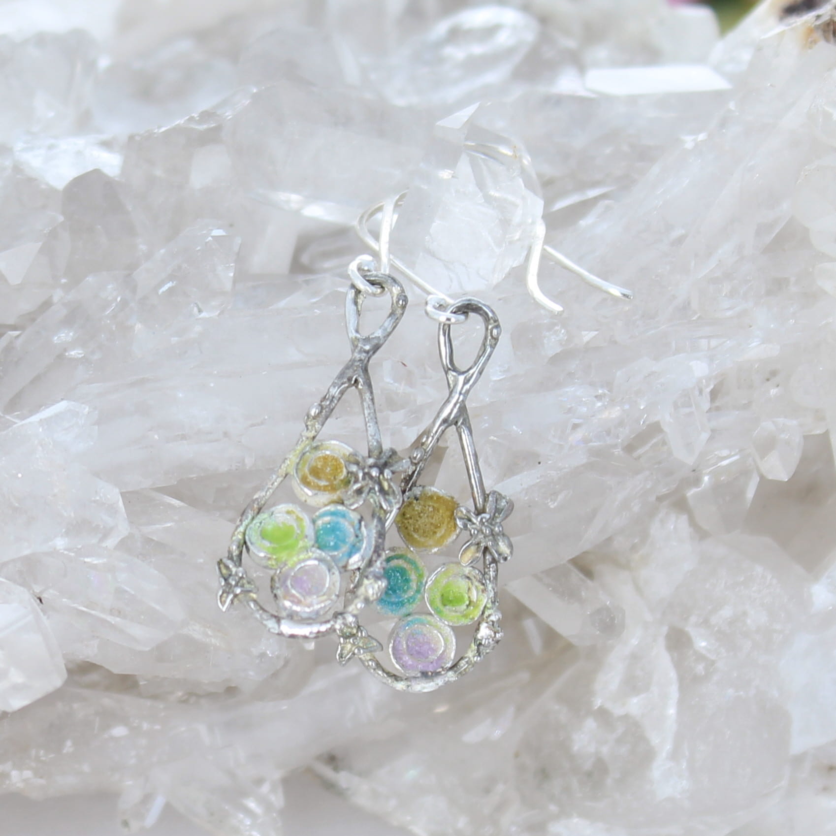 Colorful Enameled Earrings Sterling Silver Fairies Boho Chic