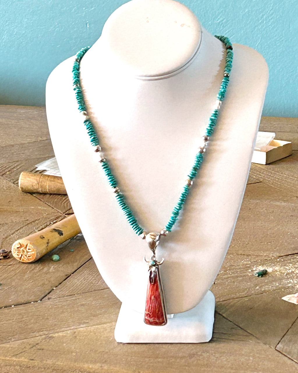 Lone Mountain Turquoise Necklace Spiny Oyster Pendant Sterling Beads