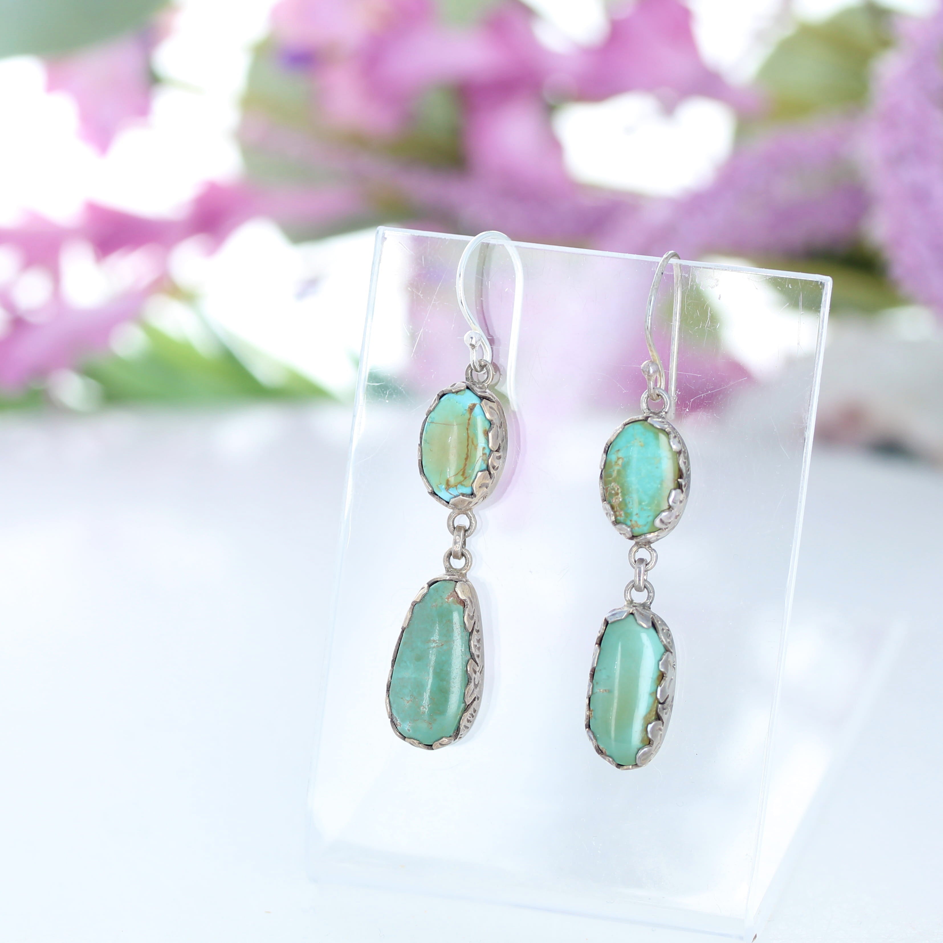 Beautiful Hubei Turquoise Earrings 2 Stone Green Blue Sterling