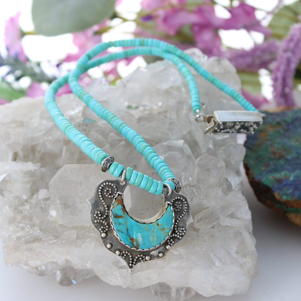 Natural Sleeping Beauty Turquoise Necklace Kingman Moon Graduated Button Beads