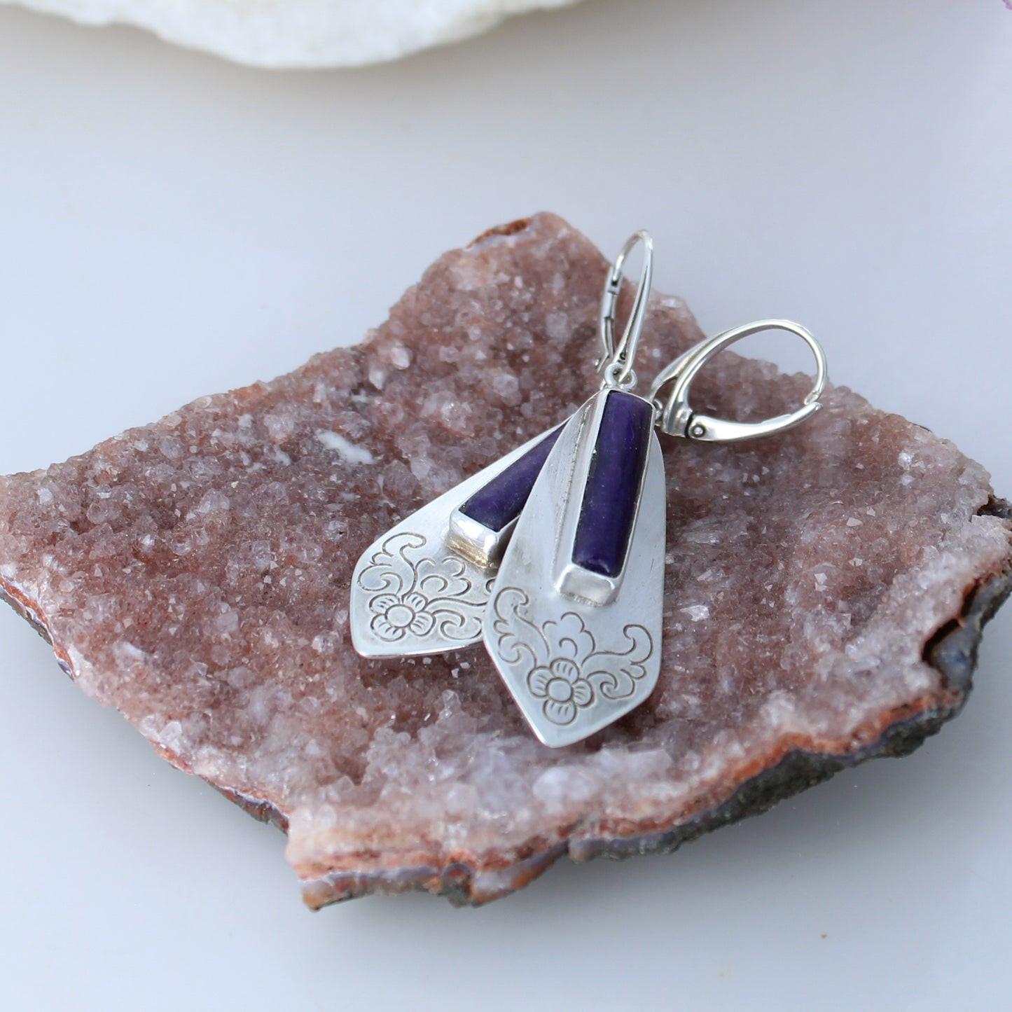Large Sugilite Earrings Kite Shaped Etched Sterling -NewWorldGems
