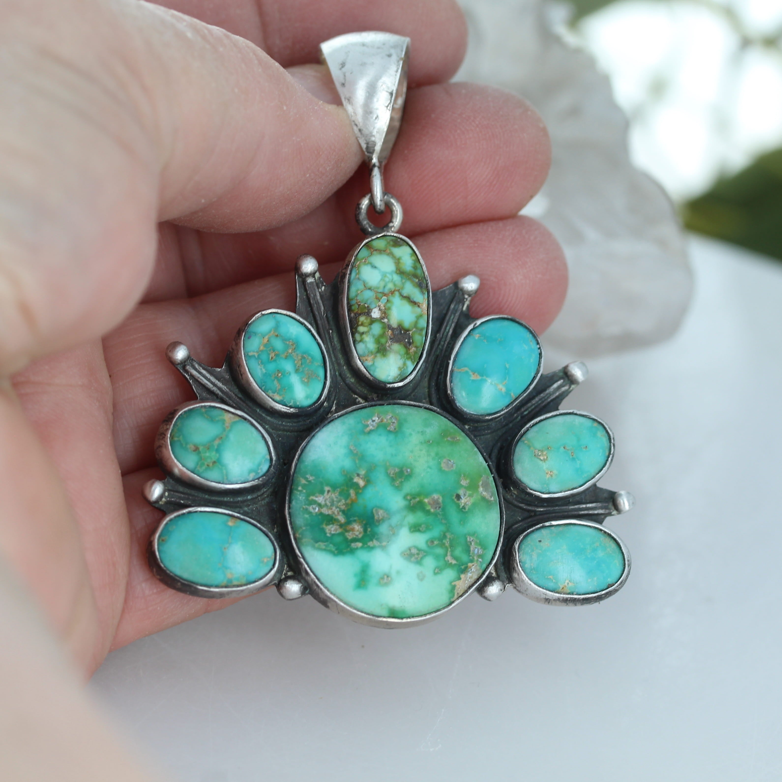 Gorgeous Sonoran Gold Turquoise Rising Sun Pendant Sterling
