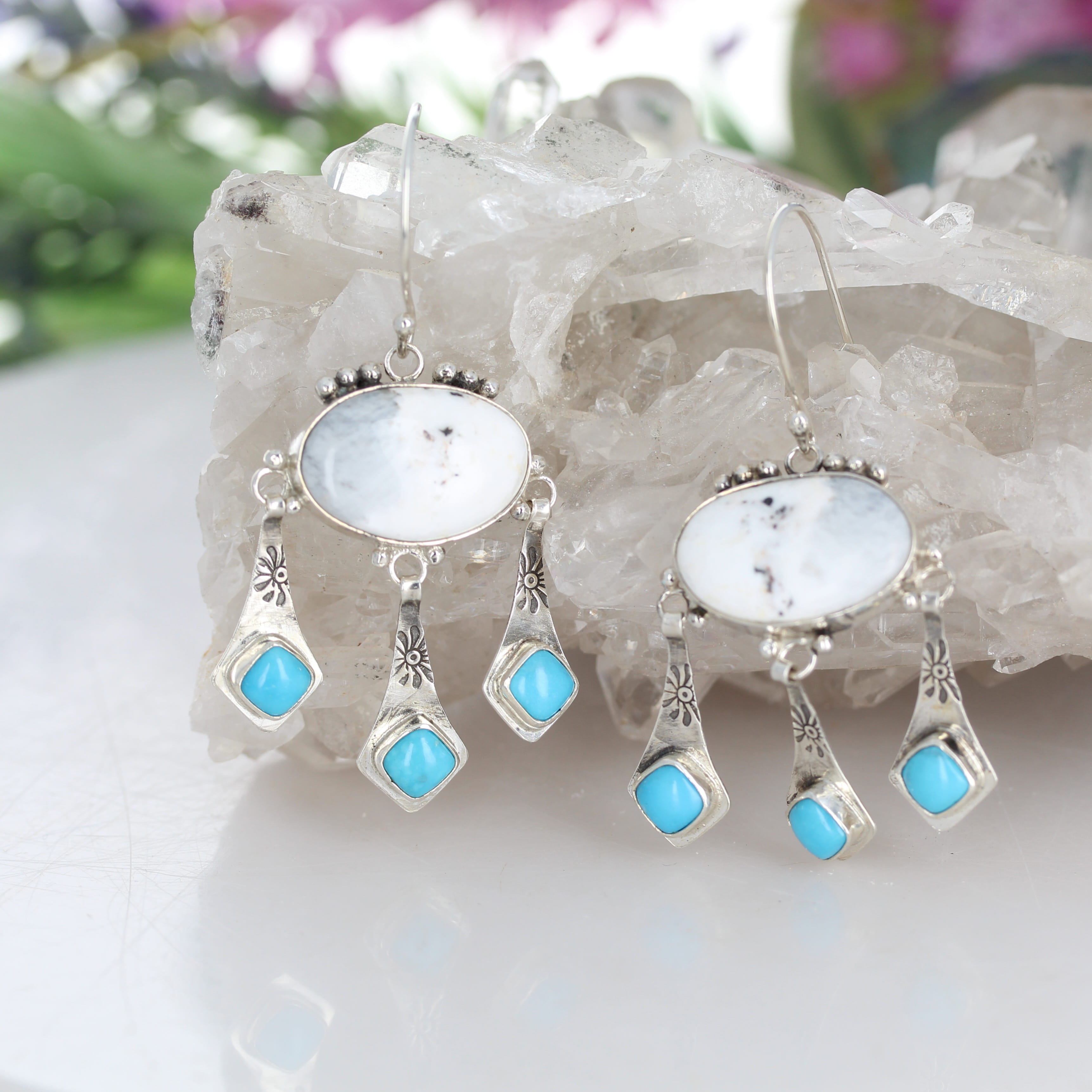 White Buffalo Turquoise with Blue Sonoran Turquoise Boho Dangle Earrings Sterling