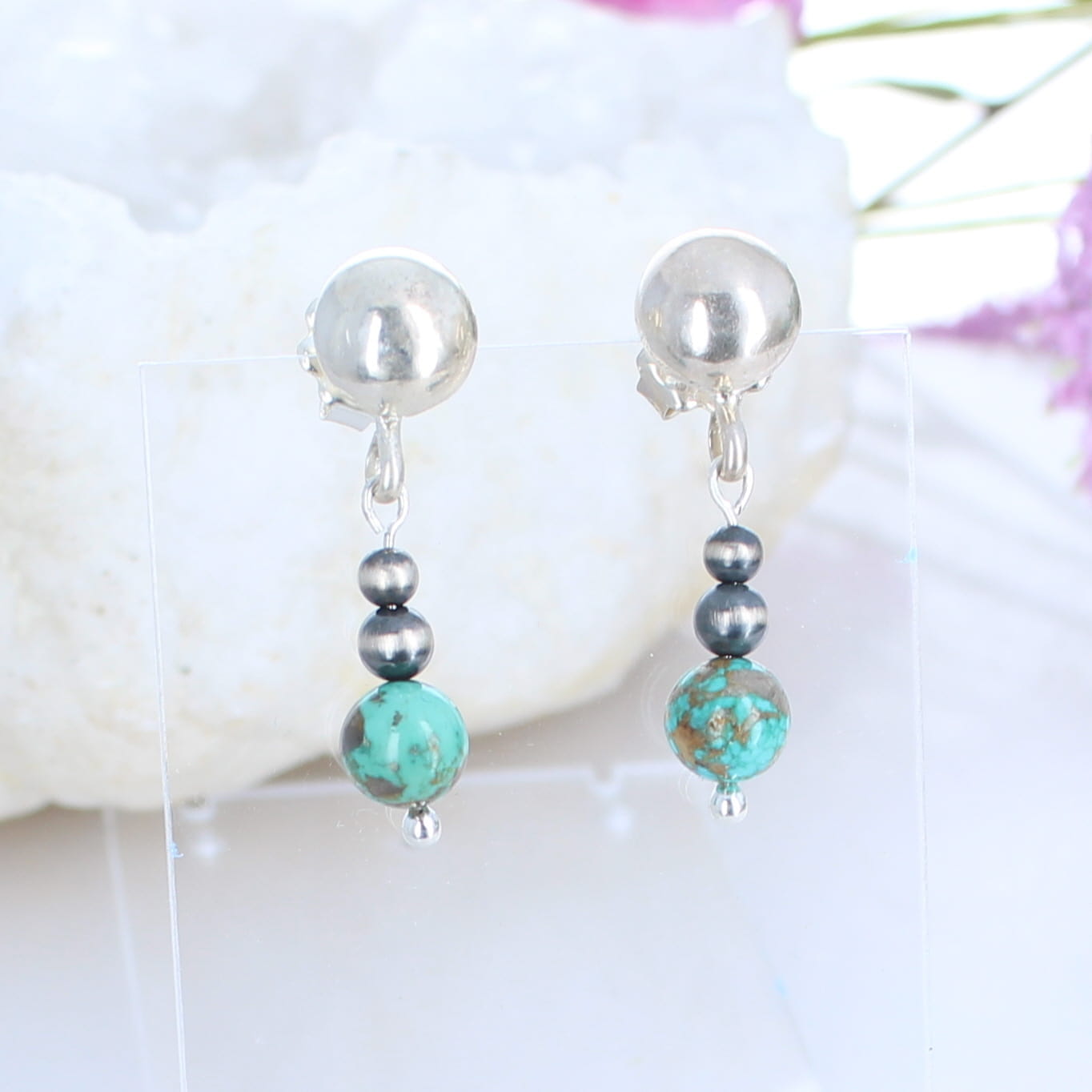 CARICO LAKE Turquoise Sterling Silver Earrings Round Drops Southwest Style -NewWorldGems