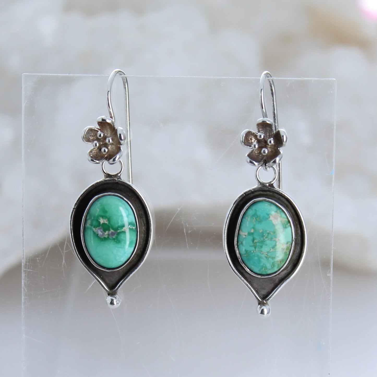 Emerald Valley Turquoise Earrings Sterling Large Oval Teardrops Floral